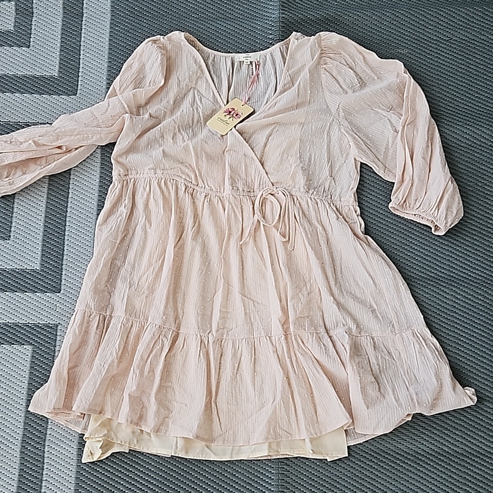 Entro Swiss Dot V-Neck Puff Sleeve Ruffle Tiered Mini Dress Size M NEW